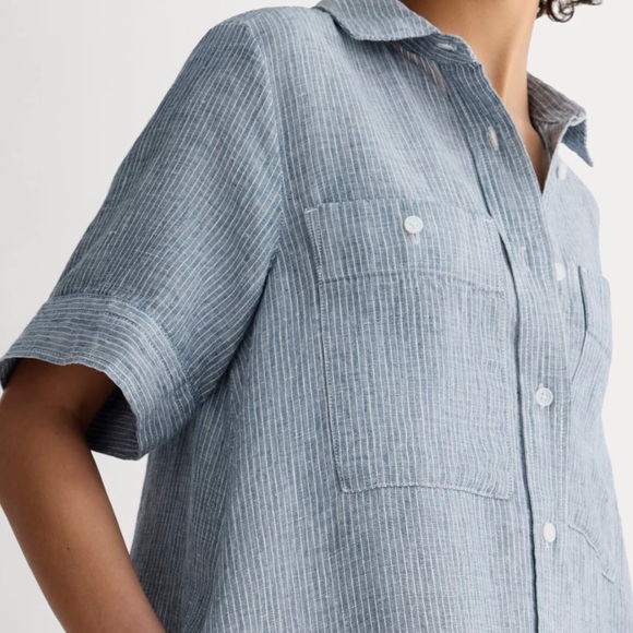 THE DAYTRIPPER DRESS IN LINEN blue and white stripe L EUC - Picture 1 of 7